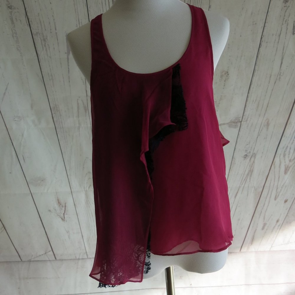 Y2K Mason Ruffle Layered Lace Trim Contrast Silk Racerback Top Blouse - Size 6
